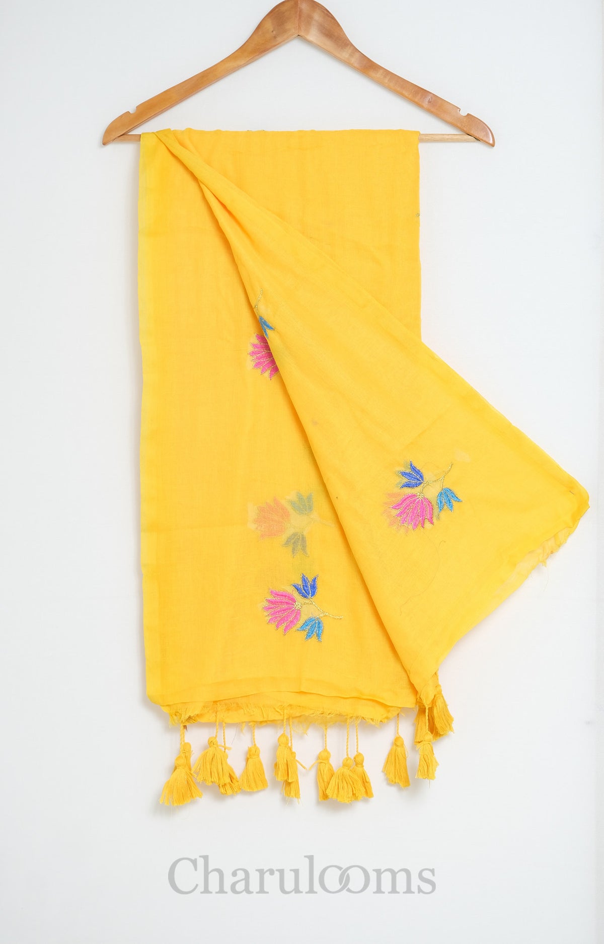 Yellow Mul Cotton Saree with Pink & Blue Floral Embroidery