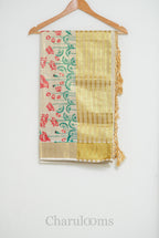 Ivory Tissue Cotton Saree with Lotus Print & Gold Border
