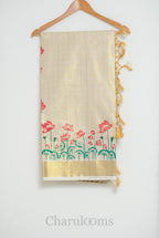 Ivory Tissue Cotton Saree with Lotus Print & Gold Border