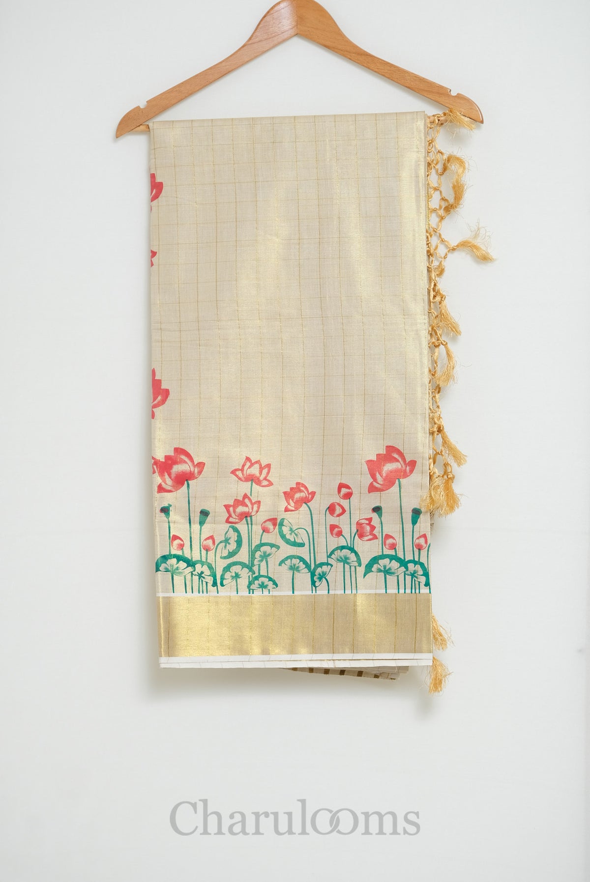 Ivory Tissue Cotton Saree with Lotus Print & Gold Border