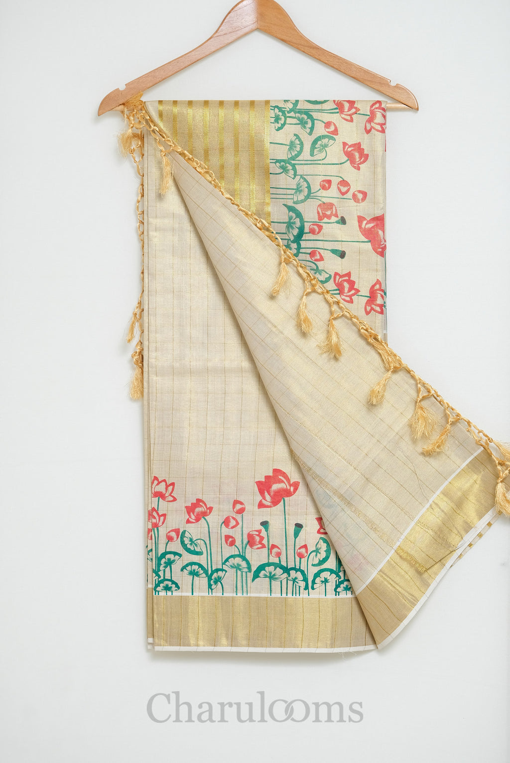 Ivory Tissue Cotton Saree with Lotus Print & Gold Border