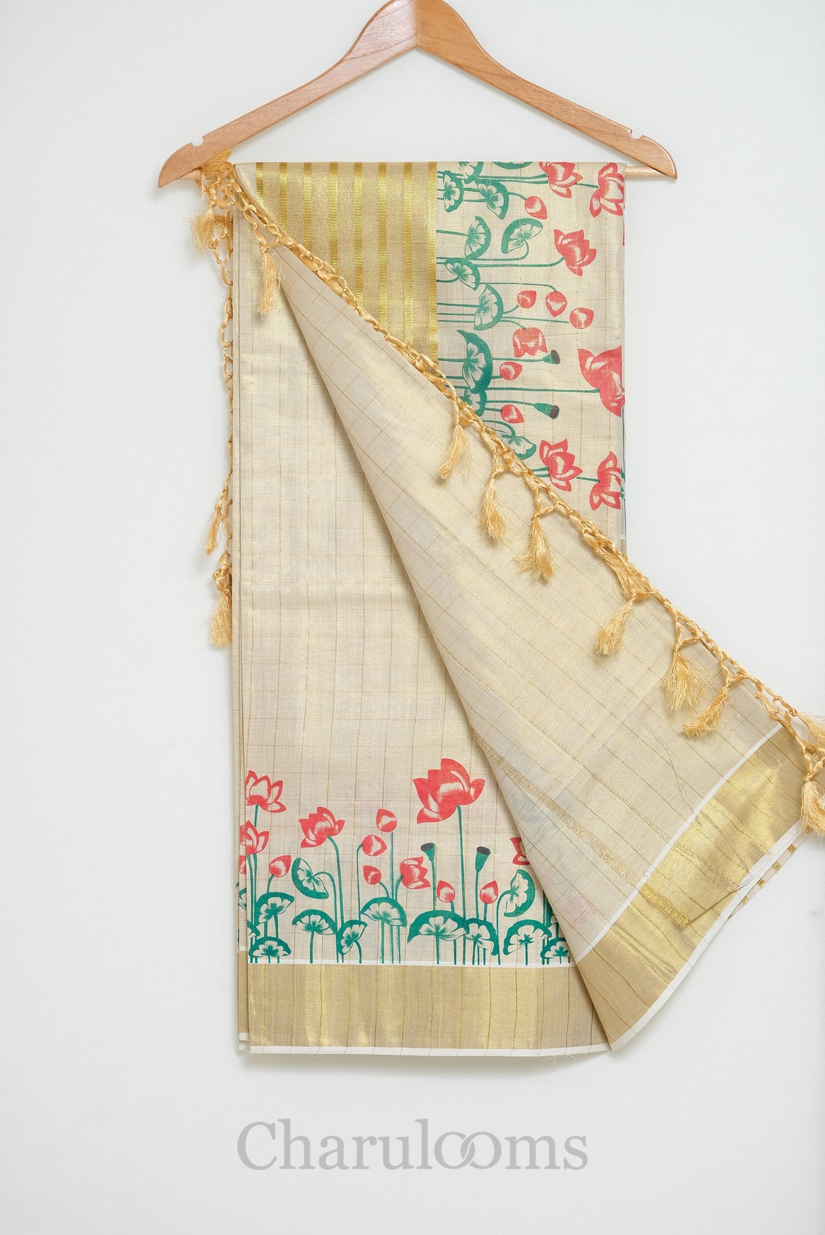 Ivory Tissue Cotton Saree with Lotus Print & Gold Border