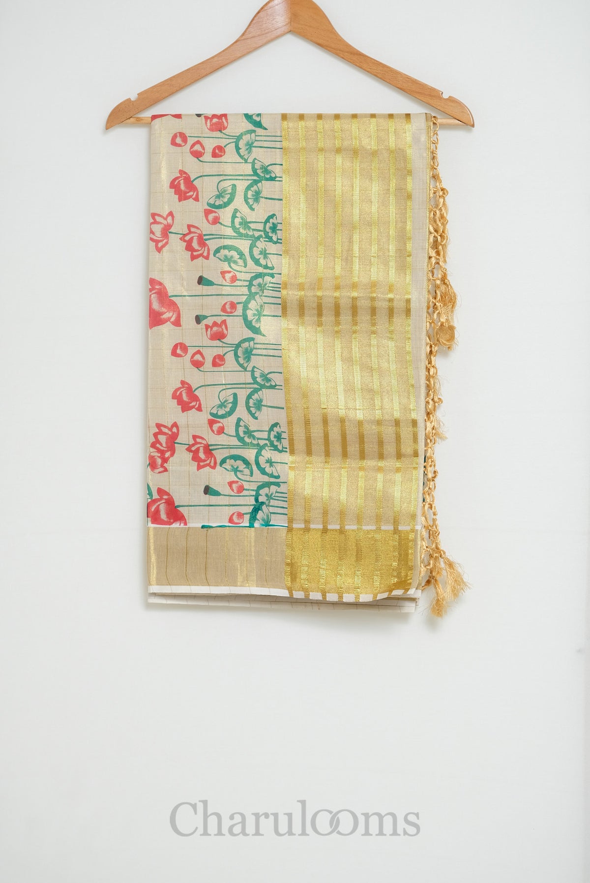Ivory Tissue Cotton Saree with Lotus Print & Gold Border