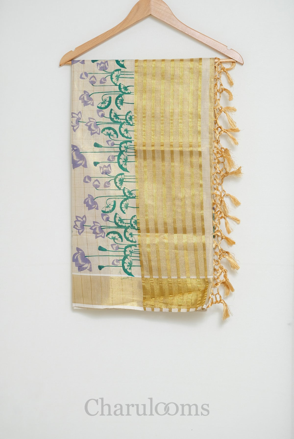 Ivory Tissue Cotton Saree with Lotus Print & Gold Border