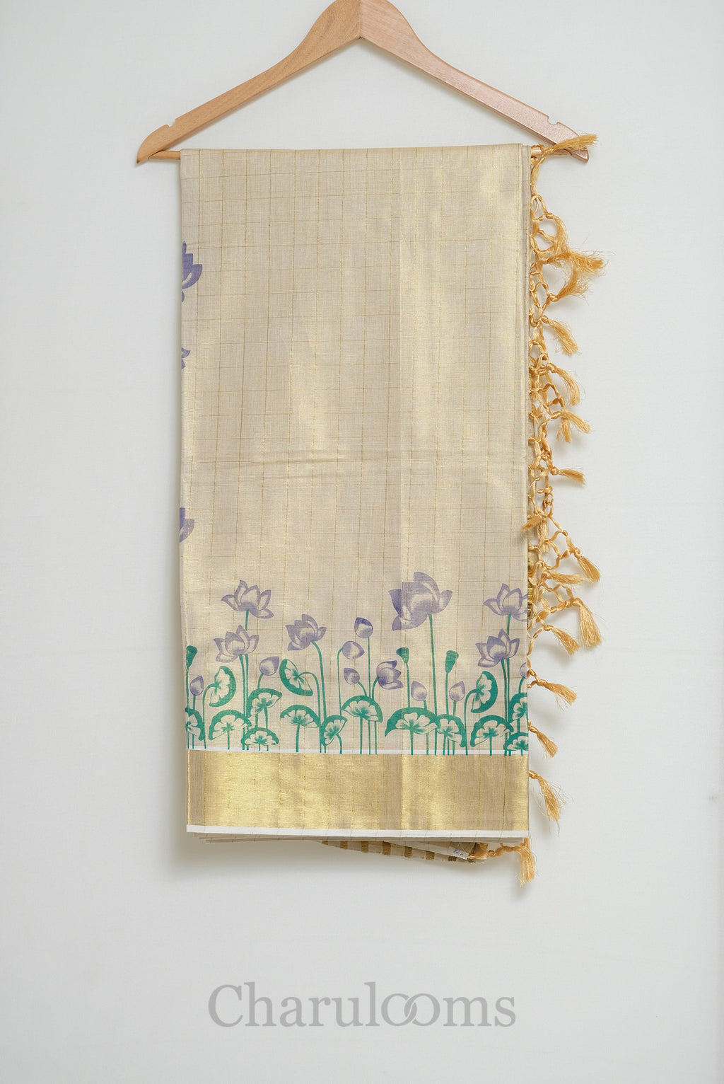 Ivory Tissue Cotton Saree with Lotus Print & Gold Border