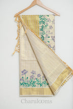 Ivory Tissue Cotton Saree with Lotus Print & Gold Border