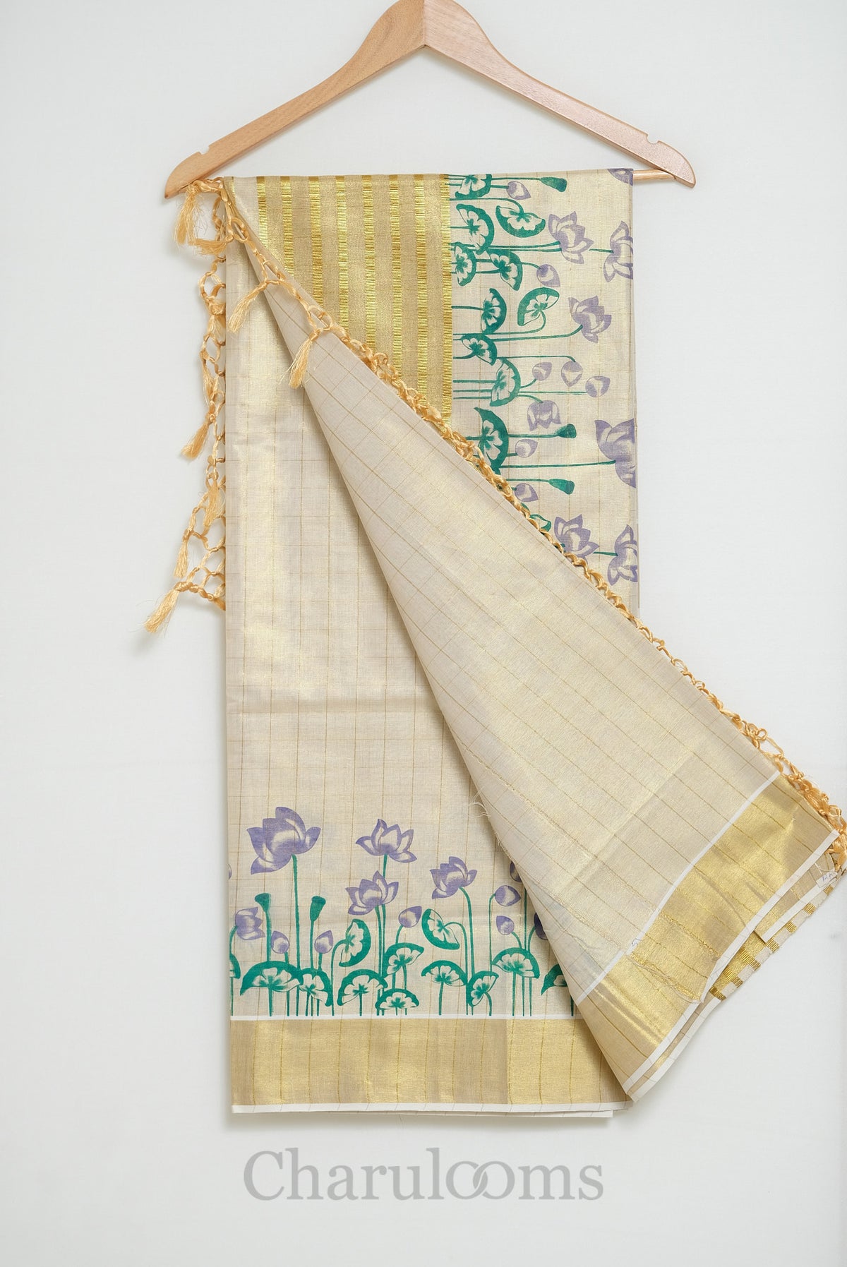Ivory Tissue Cotton Saree with Lotus Print & Gold Border