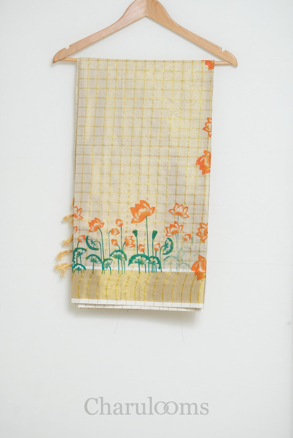 Ivory Tissue Cotton Saree with Lotus Print & Gold Border