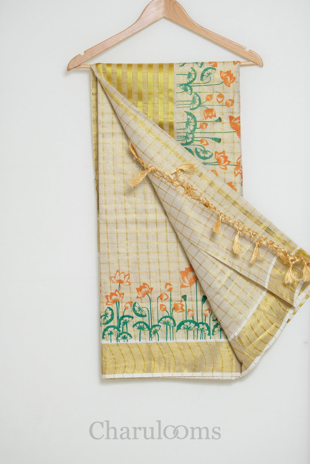 Ivory Tissue Cotton Saree with Lotus Print & Gold Border