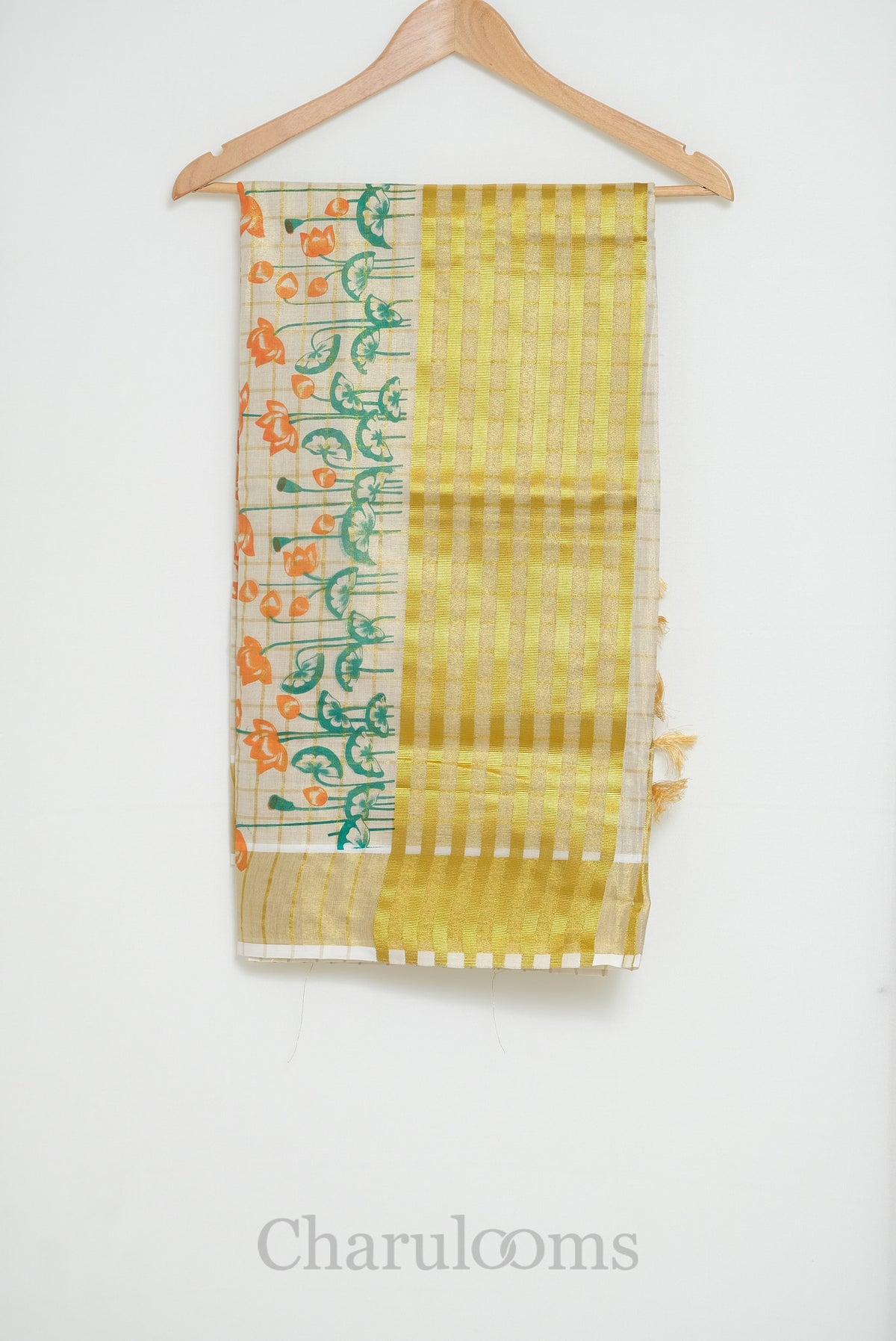 Ivory Tissue Cotton Saree with Lotus Print & Gold Border