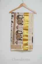 Ivory Tissue Cotton Saree with Kerala Mural Print & Gold Border