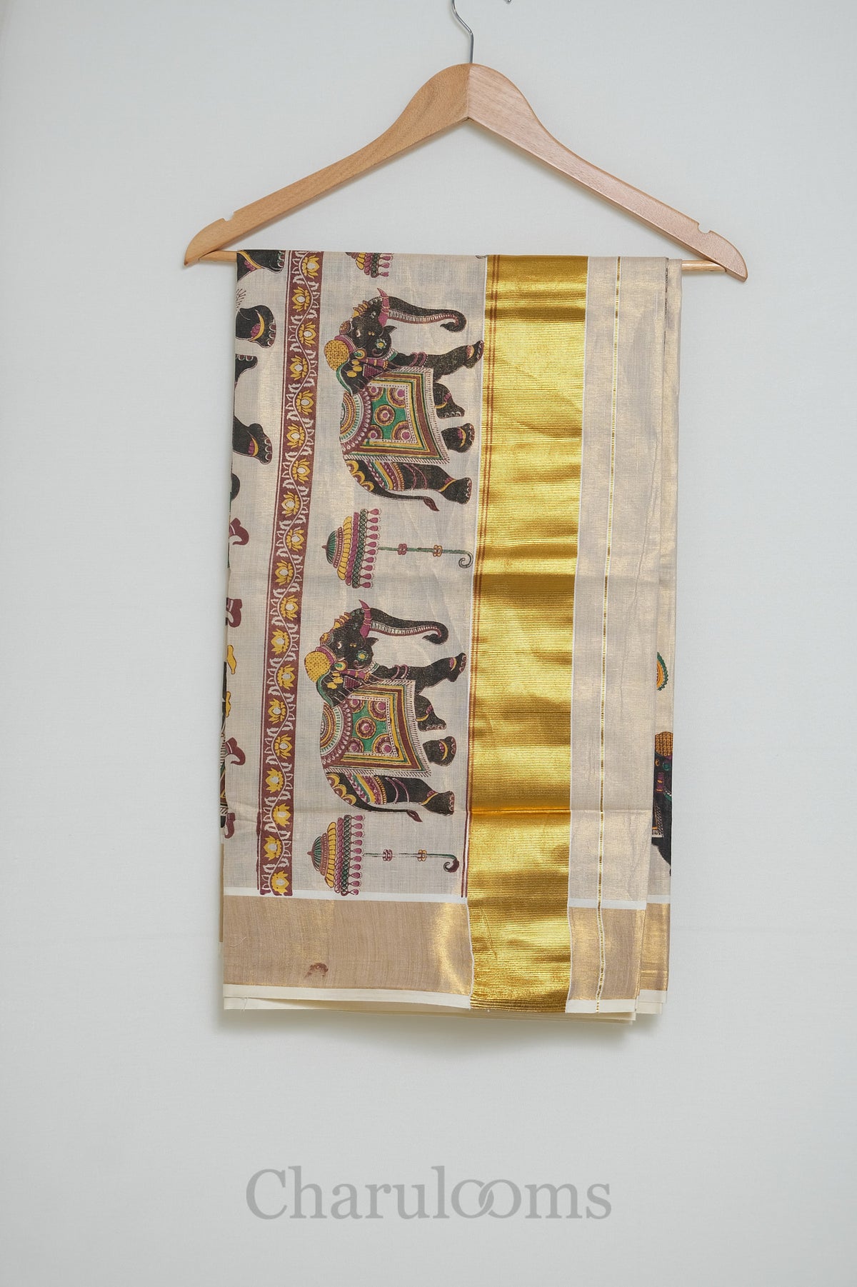 Ivory Tissue Cotton Saree with Kerala Mural Print & Gold Border
