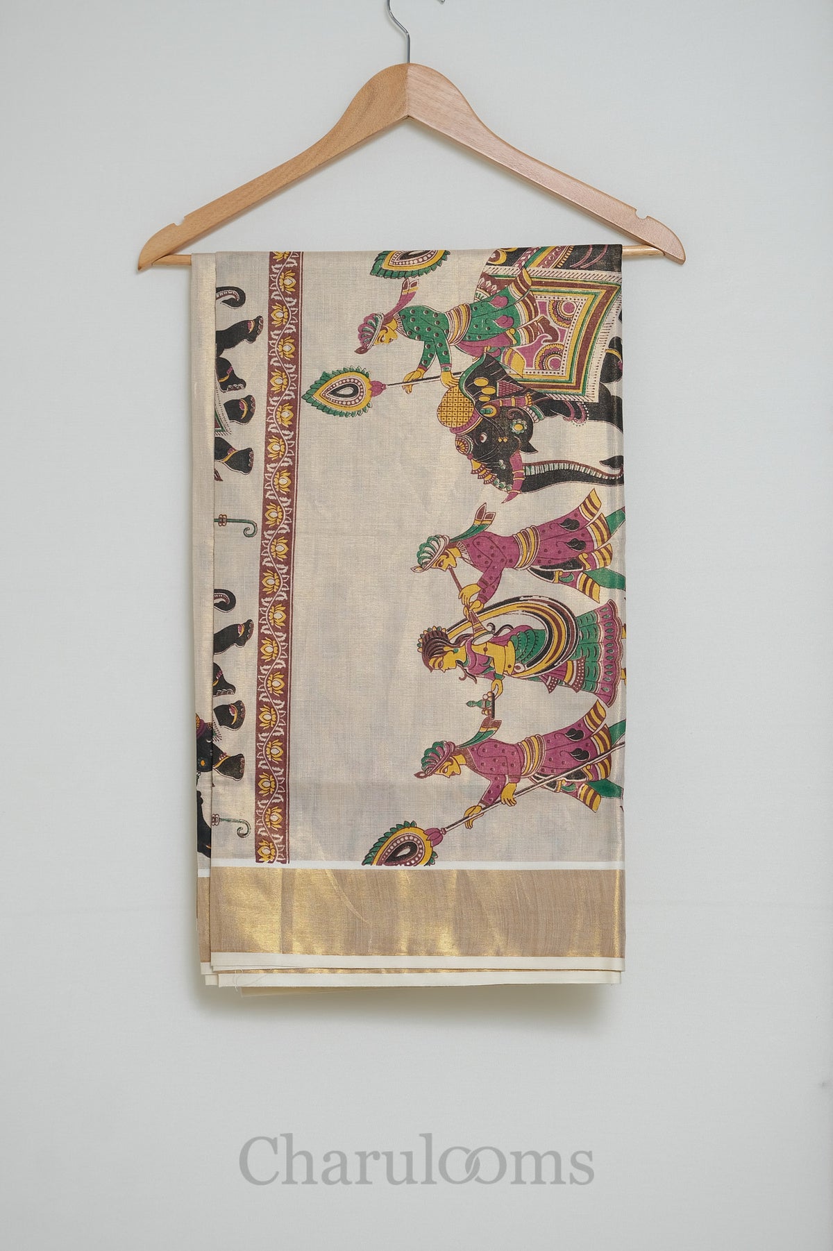 Ivory Tissue Cotton Saree with Kerala Mural Print & Gold Border