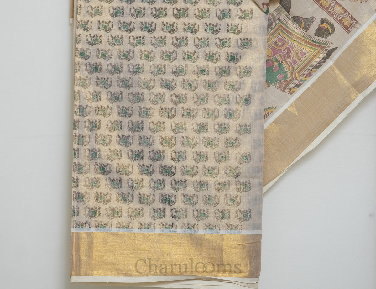 Ivory Tissue Cotton Saree with Kerala Mural Print & Gold Border