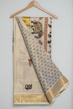 Ivory Tissue Cotton Saree with Kerala Mural Print & Gold Border
