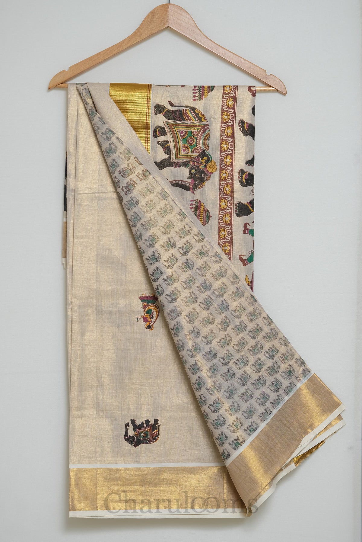 Ivory Tissue Cotton Saree with Kerala Mural Print & Gold Border