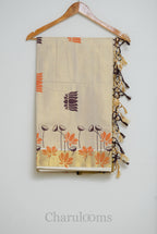 Ivory Tissue Cotton Saree with Orange & Brown Lotus Print