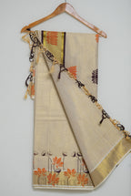 Ivory Tissue Cotton Saree with Orange & Brown Lotus Print