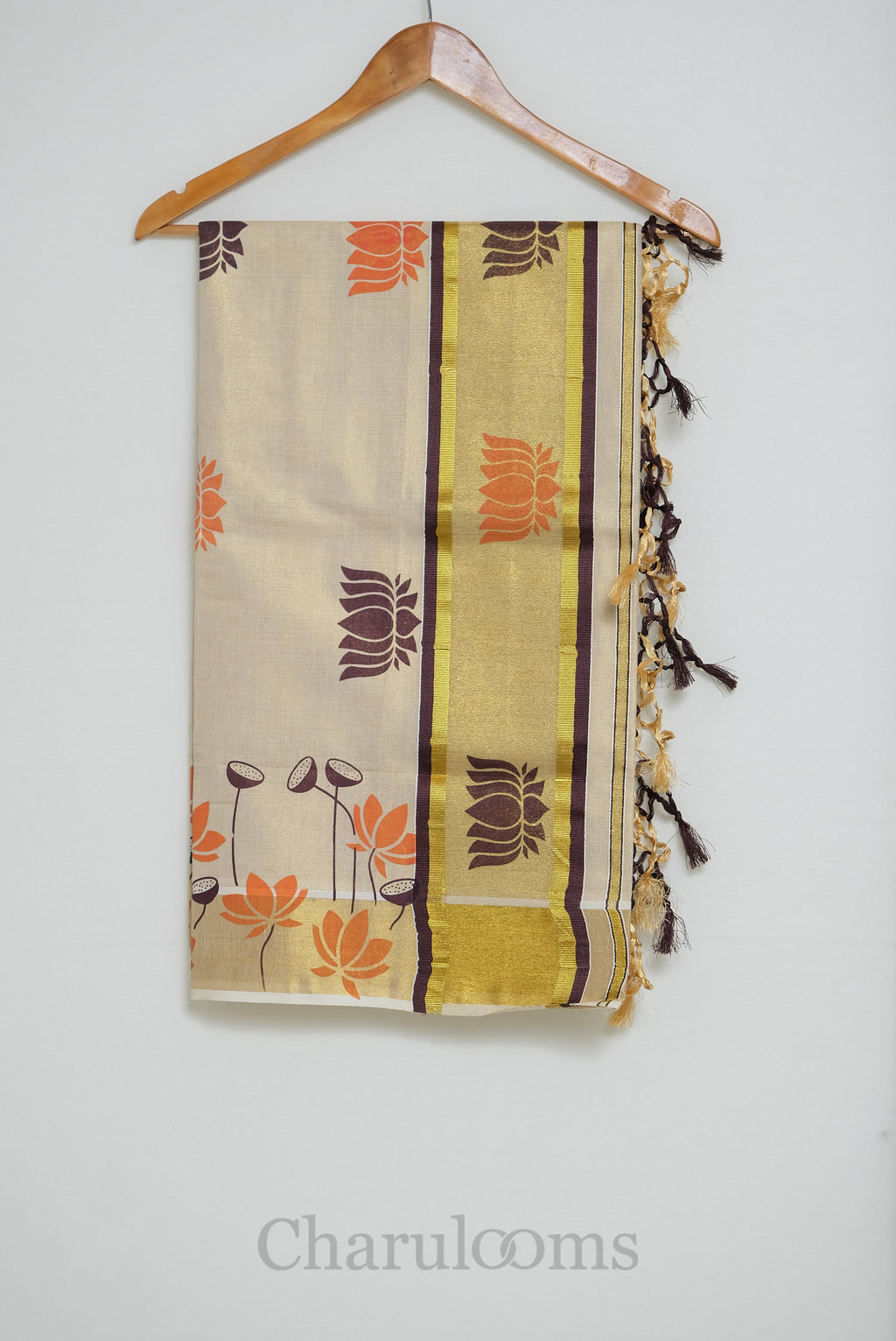 Ivory Tissue Cotton Saree with Orange & Brown Lotus Print