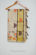 Ivory Tissue Cotton Saree with Orange & Brown Lotus Print