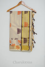 Ivory Tissue Cotton Saree with Orange & Brown Lotus Print