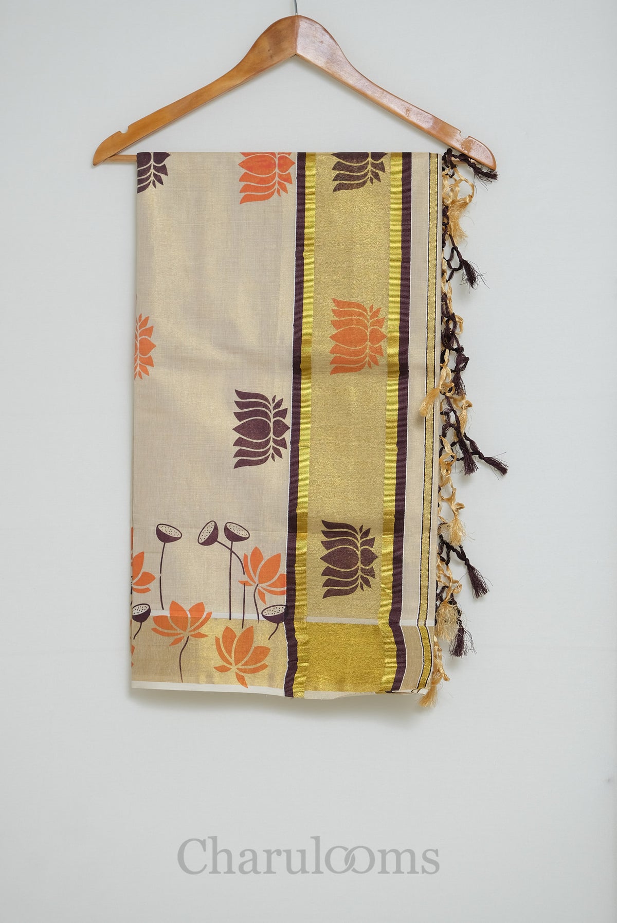 Ivory Tissue Cotton Saree with Orange & Brown Lotus Print