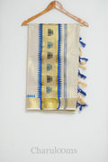 Ivory Tissue Cotton Saree with Royal Blue Temple Border