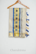 Ivory Tissue Cotton Saree with Royal Blue Temple Border