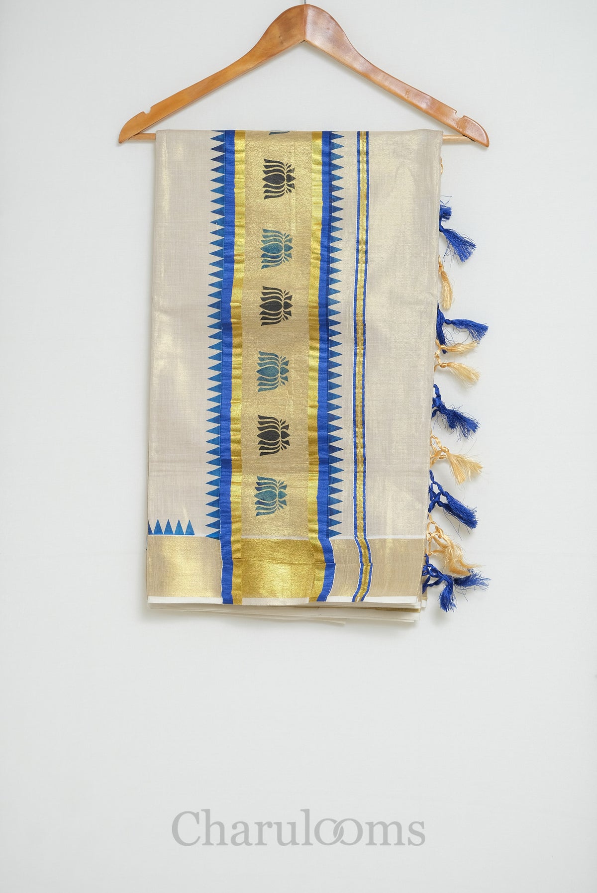 Ivory Tissue Cotton Saree with Royal Blue Temple Border
