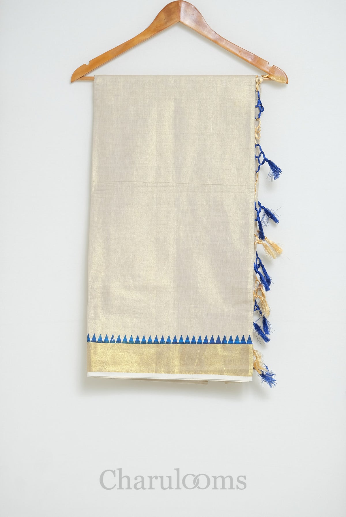 Ivory Tissue Cotton Saree with Royal Blue Temple Border