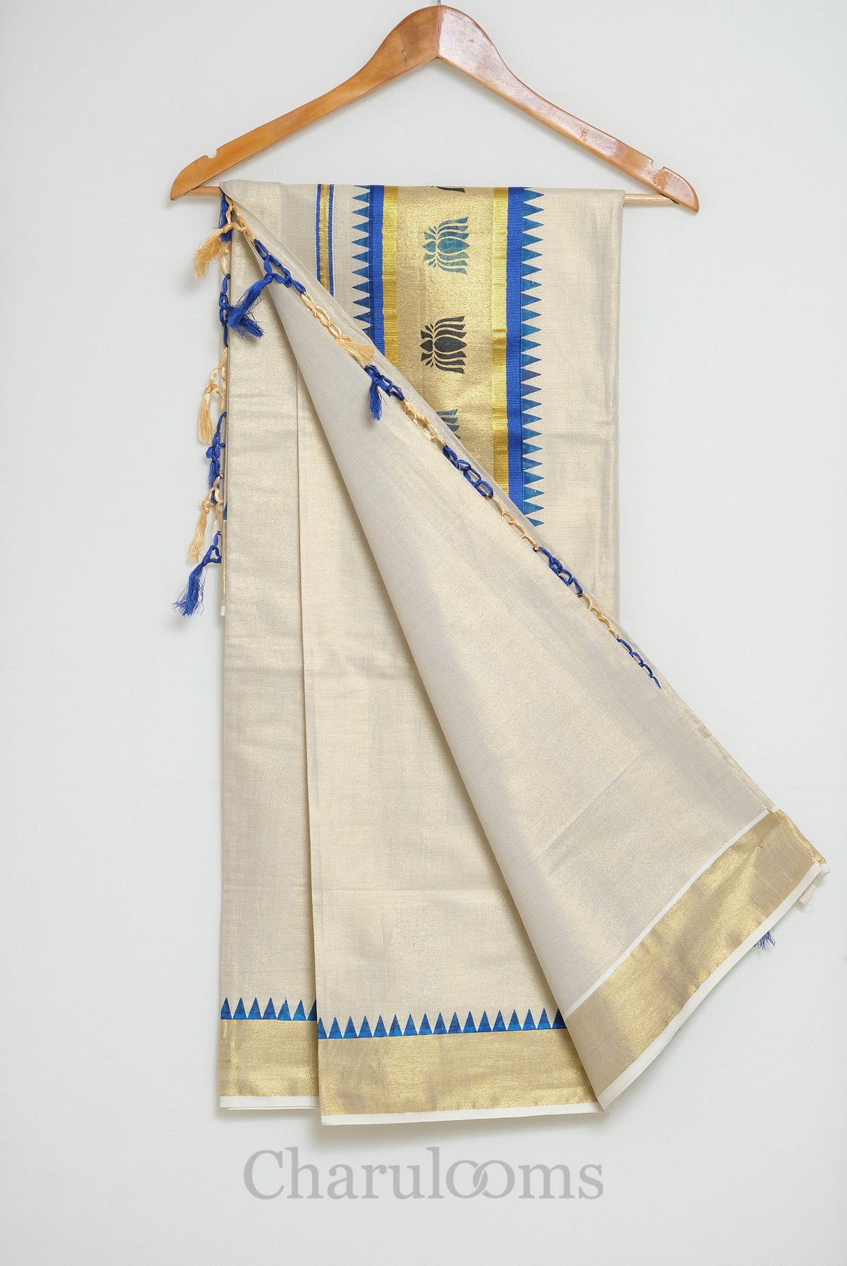 Ivory Tissue Cotton Saree with Royal Blue Temple Border