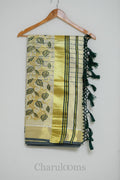 Ivory Tissue Saree with Bottle Green & Gold Embroidery