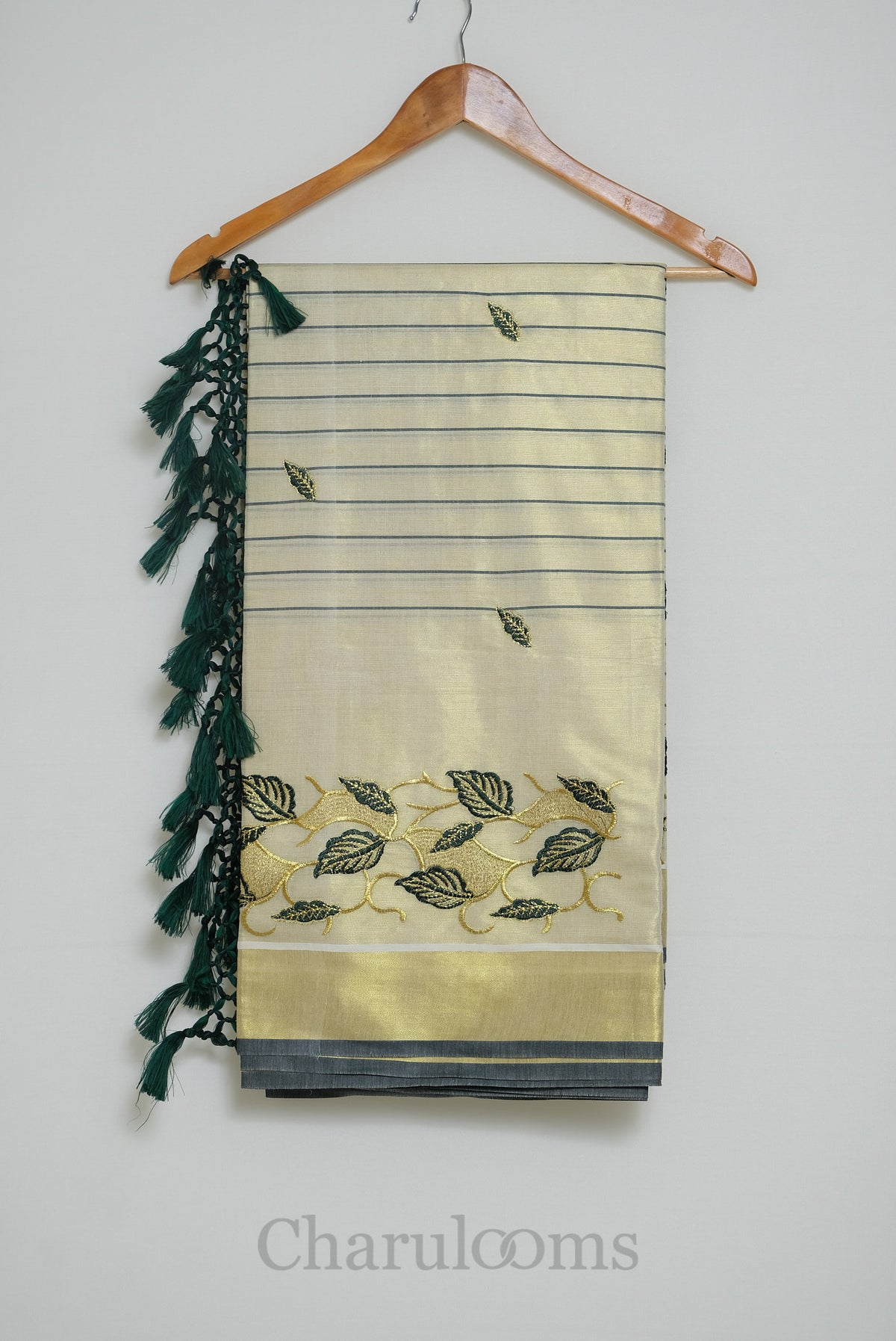 Ivory Tissue Saree with Bottle Green & Gold Embroidery