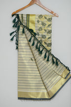 Ivory Tissue Saree with Bottle Green & Gold Embroidery