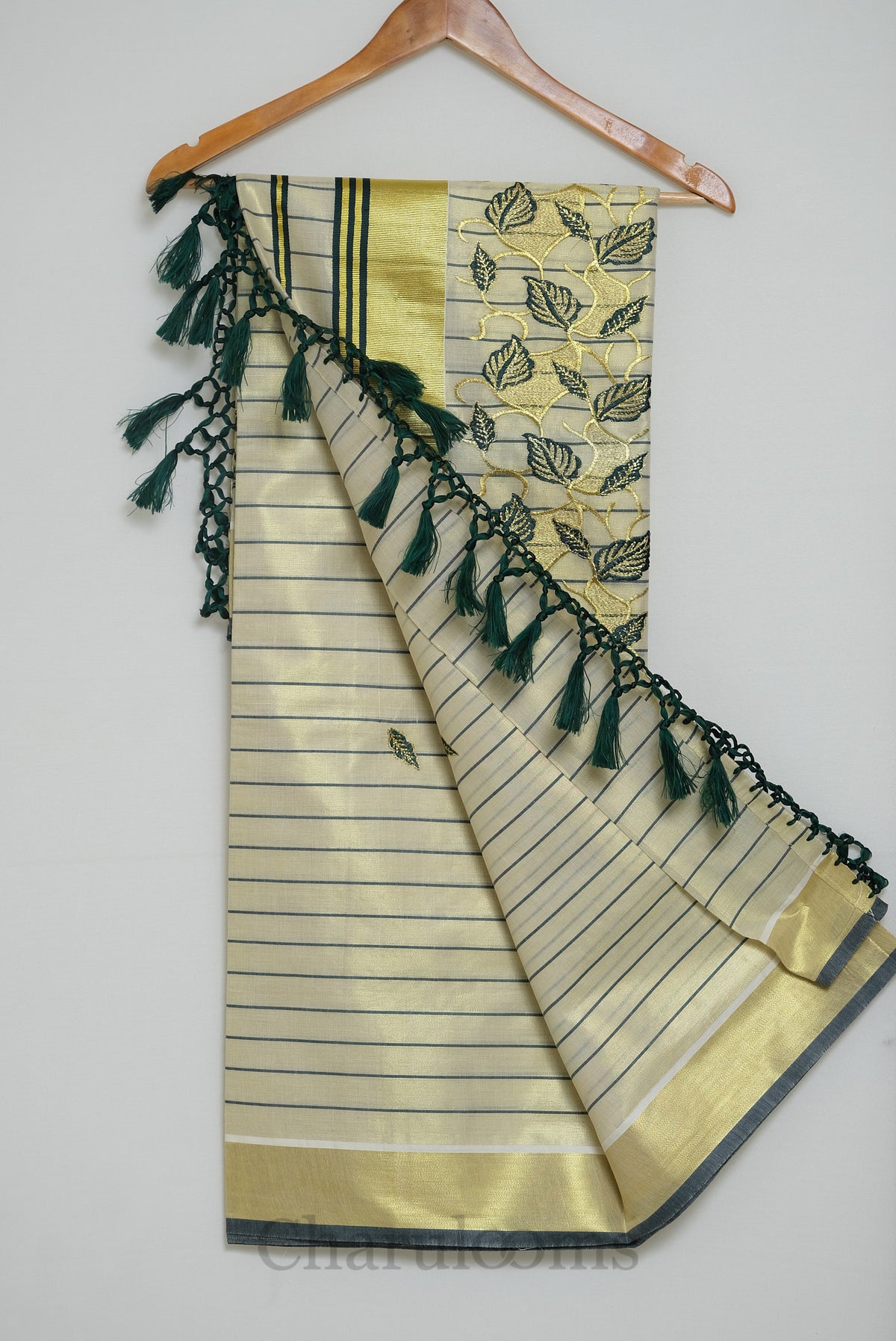 Ivory Tissue Saree with Bottle Green & Gold Embroidery