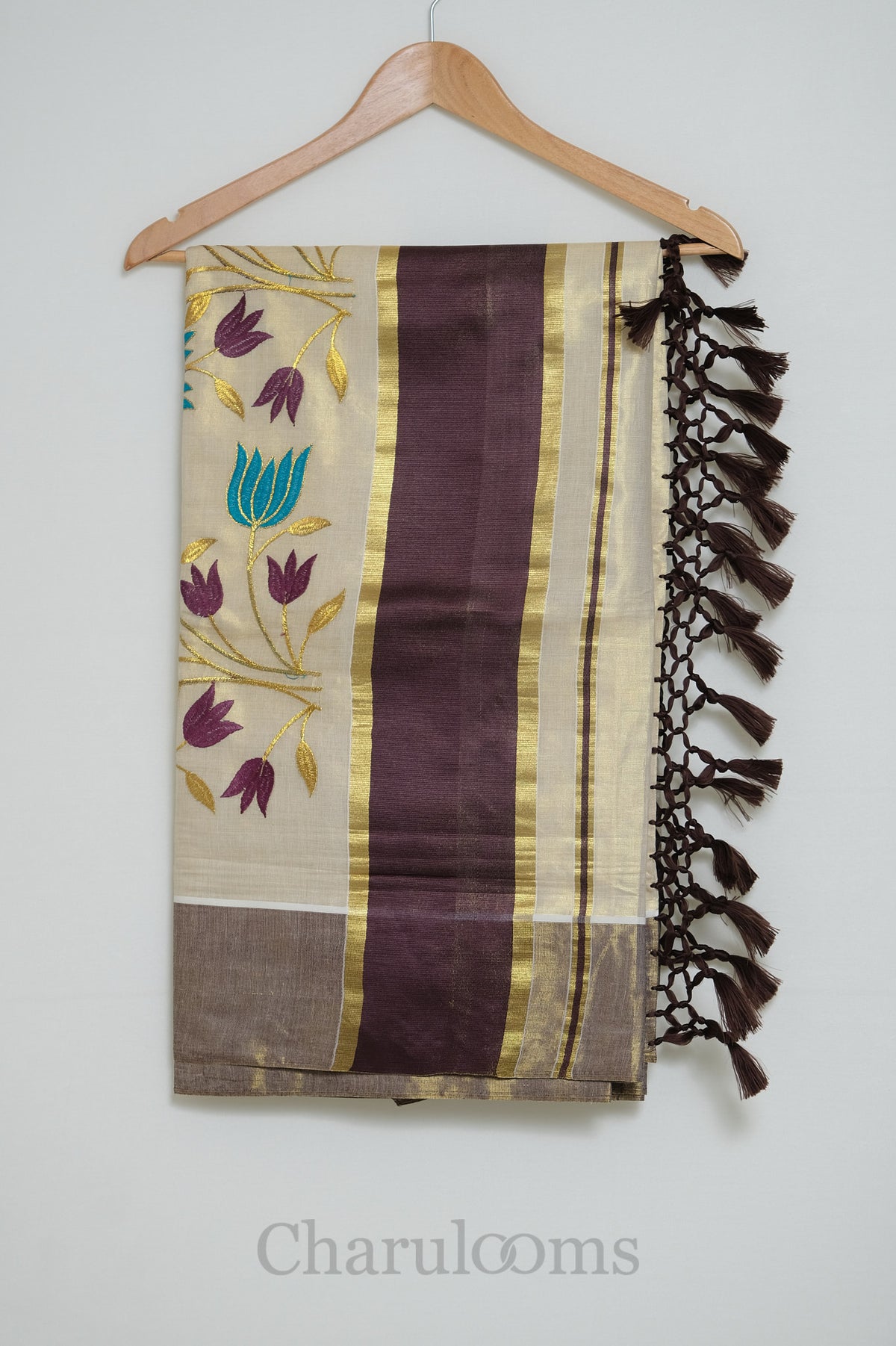 Ivory Tissue Saree with Wine, Teal & Gold Floral Embroidery