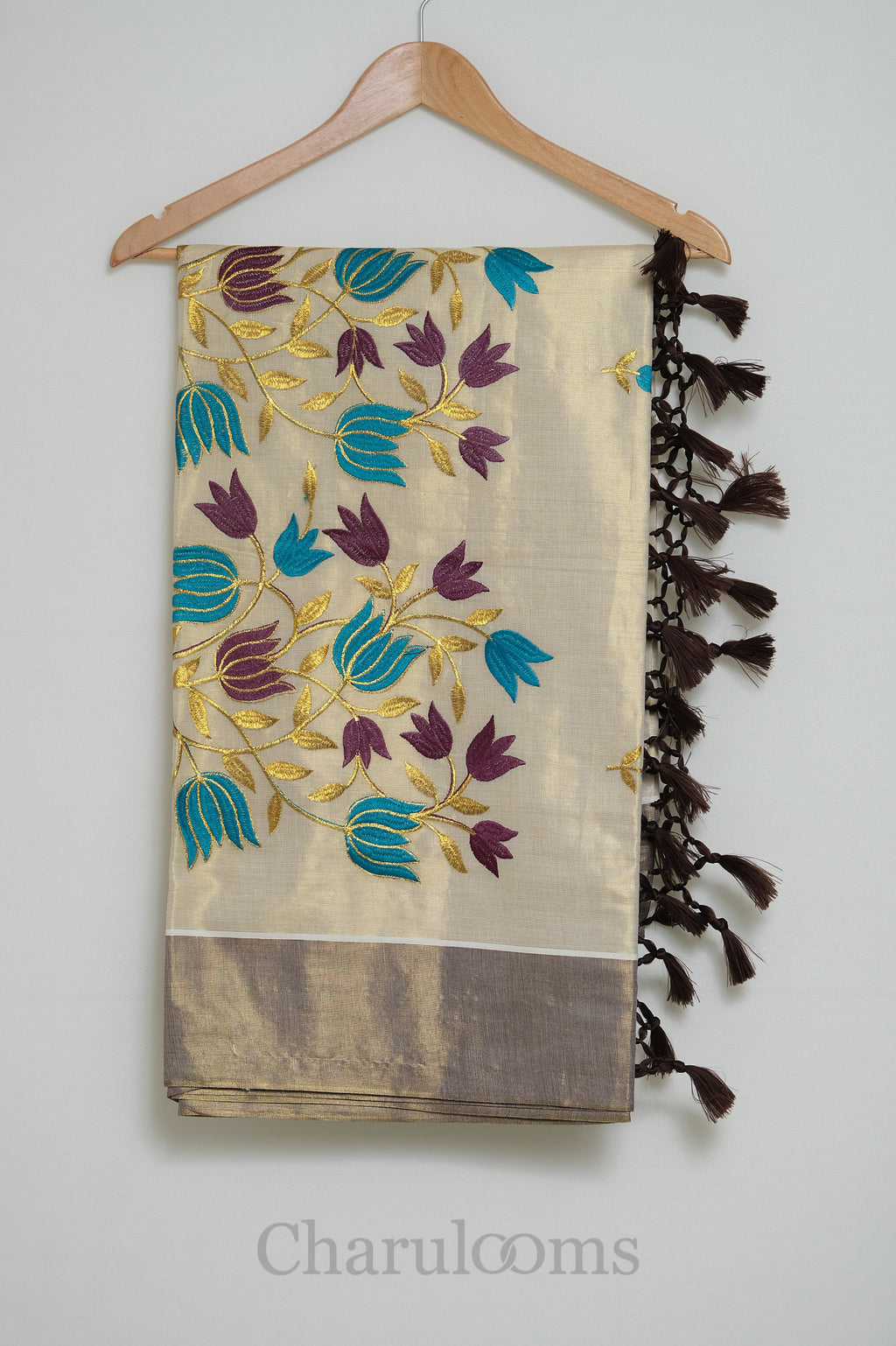 Ivory Tissue Saree with Wine, Teal & Gold Floral Embroidery