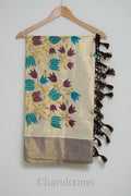 Ivory Tissue Saree with Wine, Teal & Gold Floral Embroidery