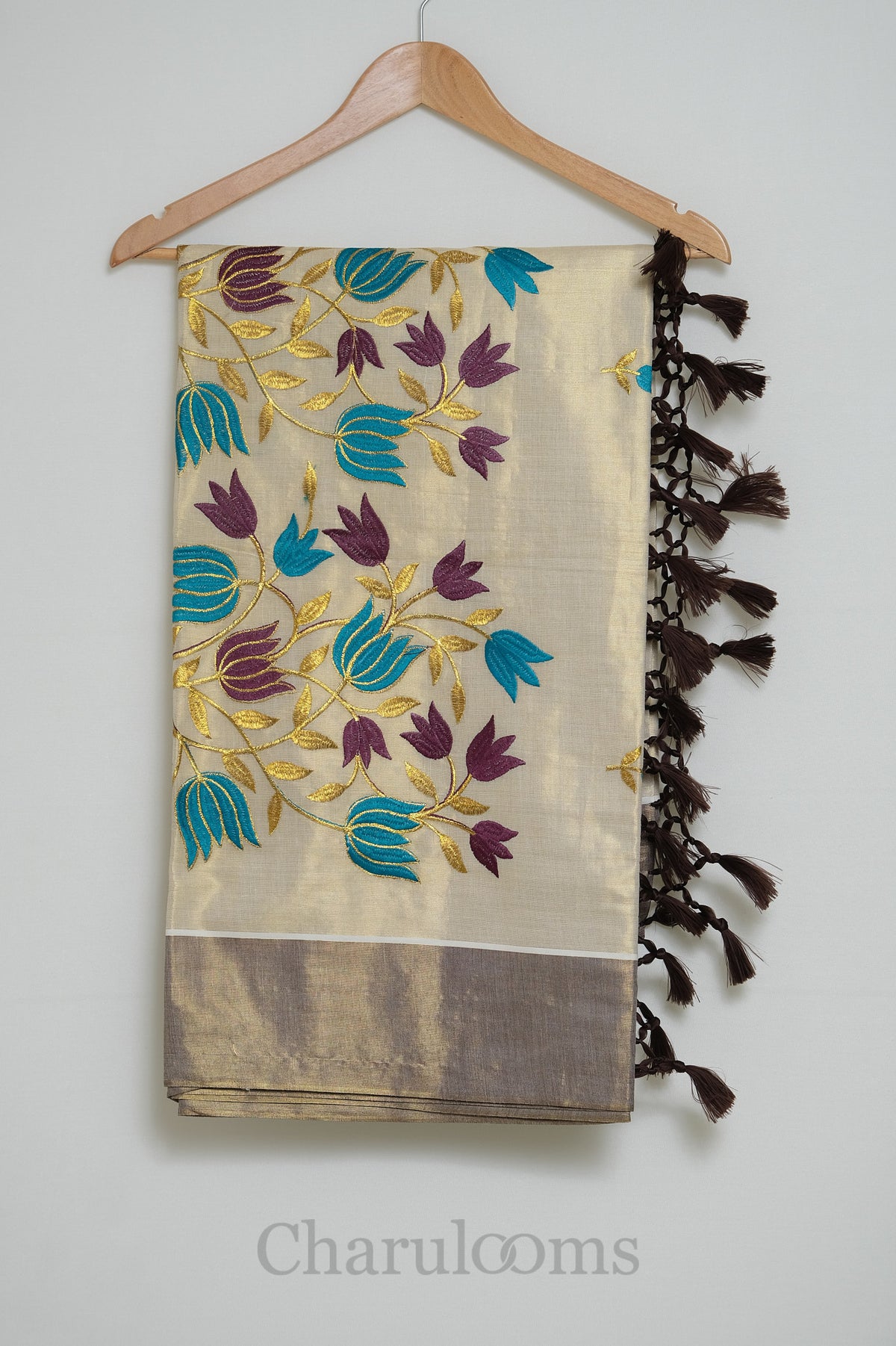 Ivory Tissue Saree with Wine, Teal & Gold Floral Embroidery