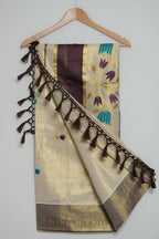 Ivory Tissue Saree with Wine, Teal & Gold Floral Embroidery