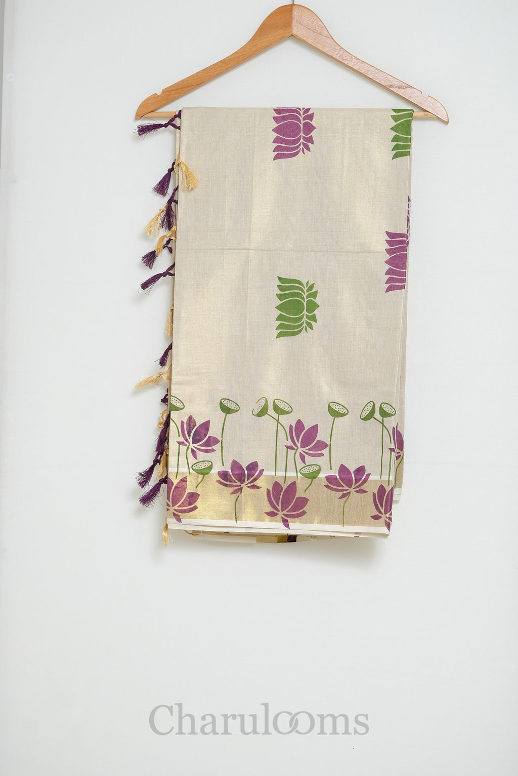 Ivory Tissue Cotton Saree with Orange & Brown Lotus Print