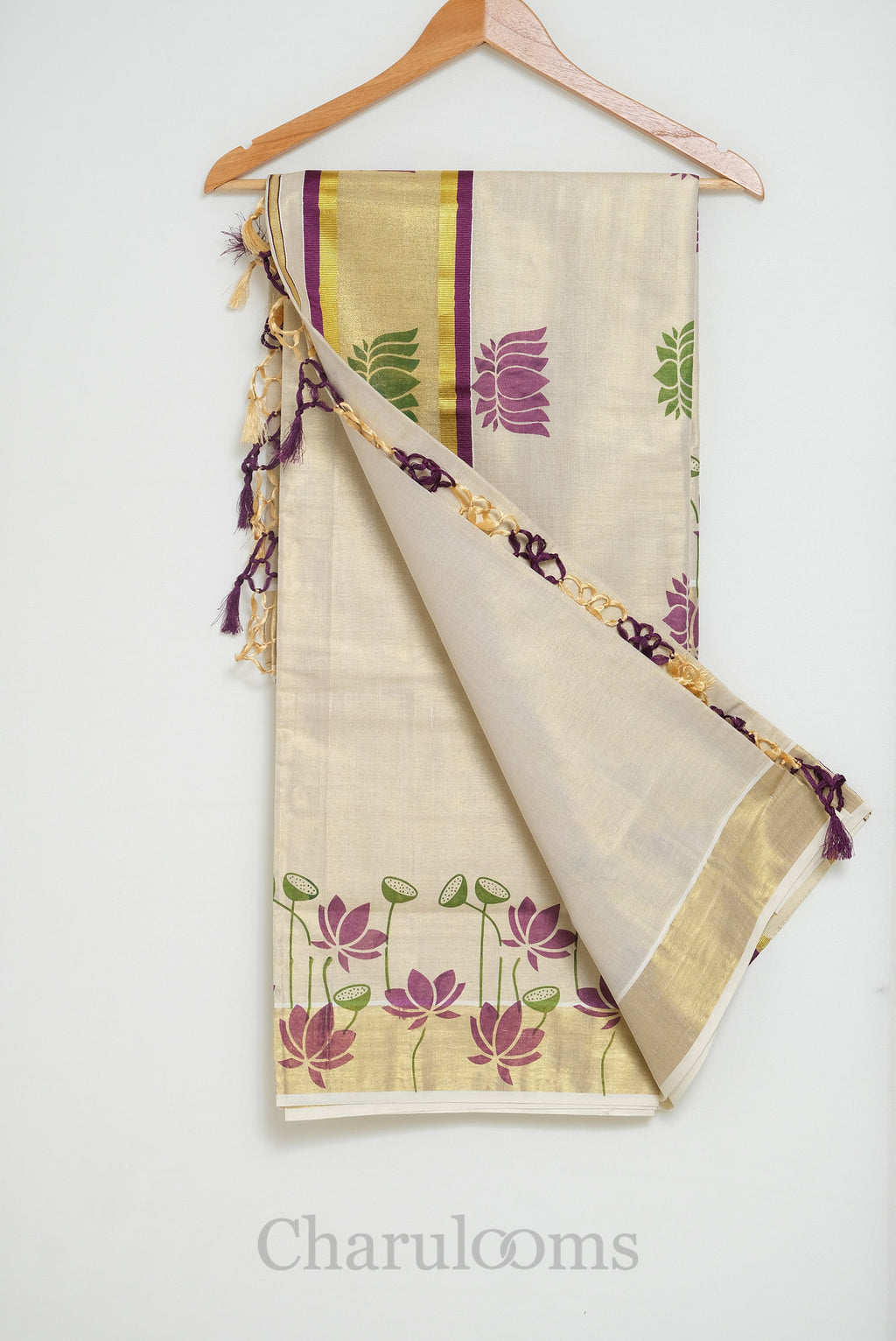 Ivory Tissue Cotton Saree with Orange & Brown Lotus Print