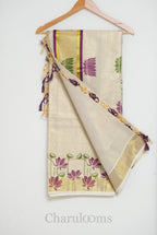 Ivory Tissue Cotton Saree with Orange & Brown Lotus Print