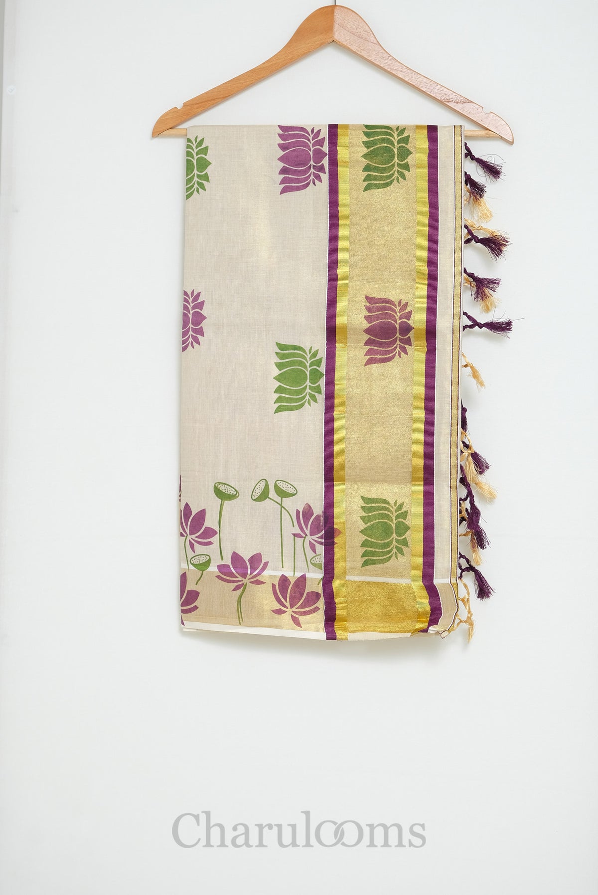 Ivory Tissue Cotton Saree with Orange & Brown Lotus Print