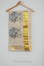 Ivory Tissue Cotton Saree with Lotus Embroidery & Gold Border