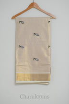 Ivory Tissue Cotton Saree with Lotus Embroidery & Gold Border
