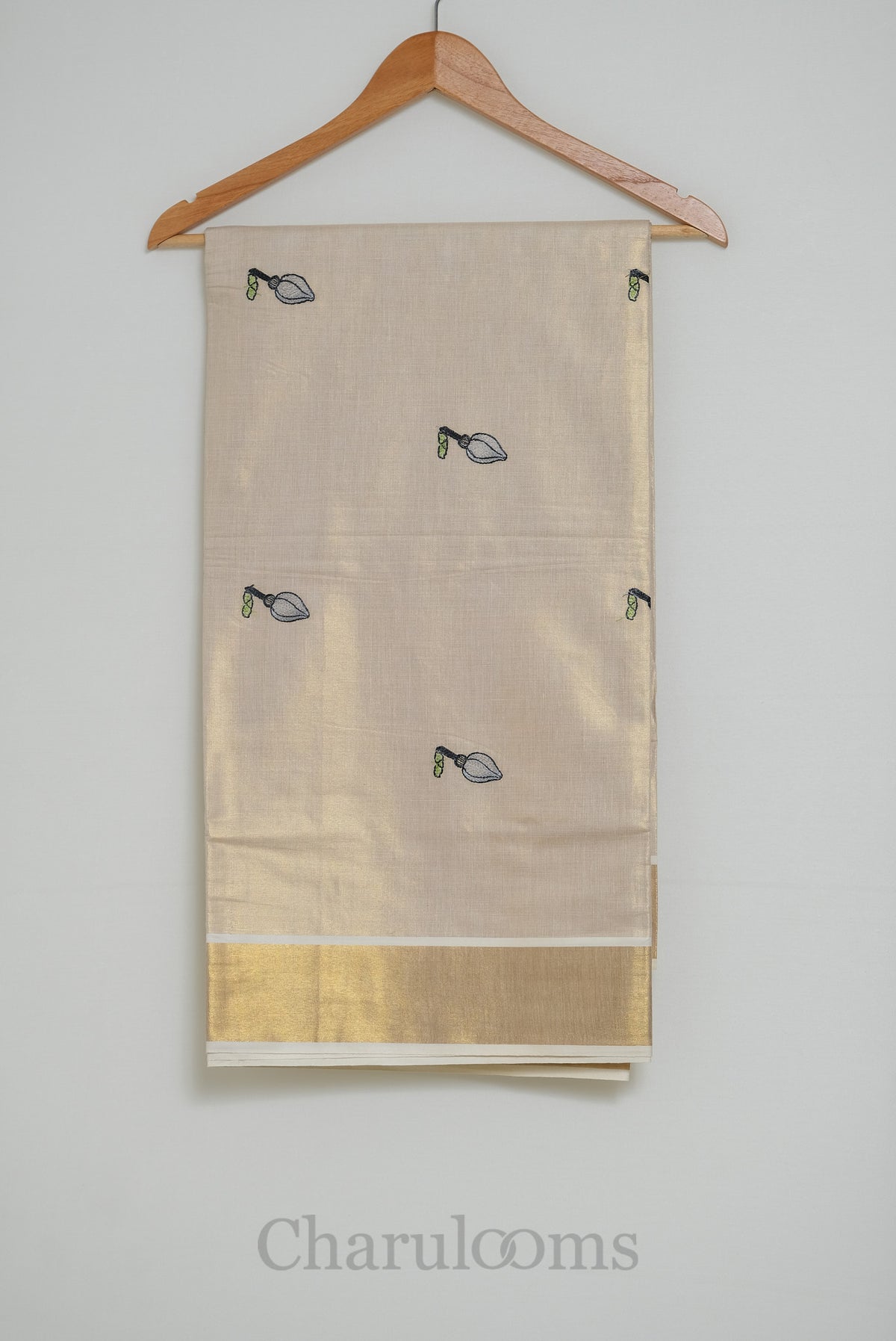 Ivory Tissue Cotton Saree with Lotus Embroidery & Gold Border