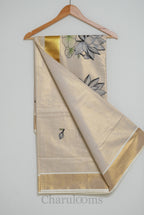 Ivory Tissue Cotton Saree with Lotus Embroidery & Gold Border