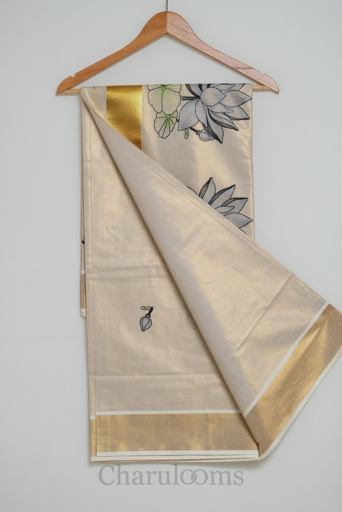 Ivory Tissue Cotton Saree with Lotus Embroidery & Gold Border
