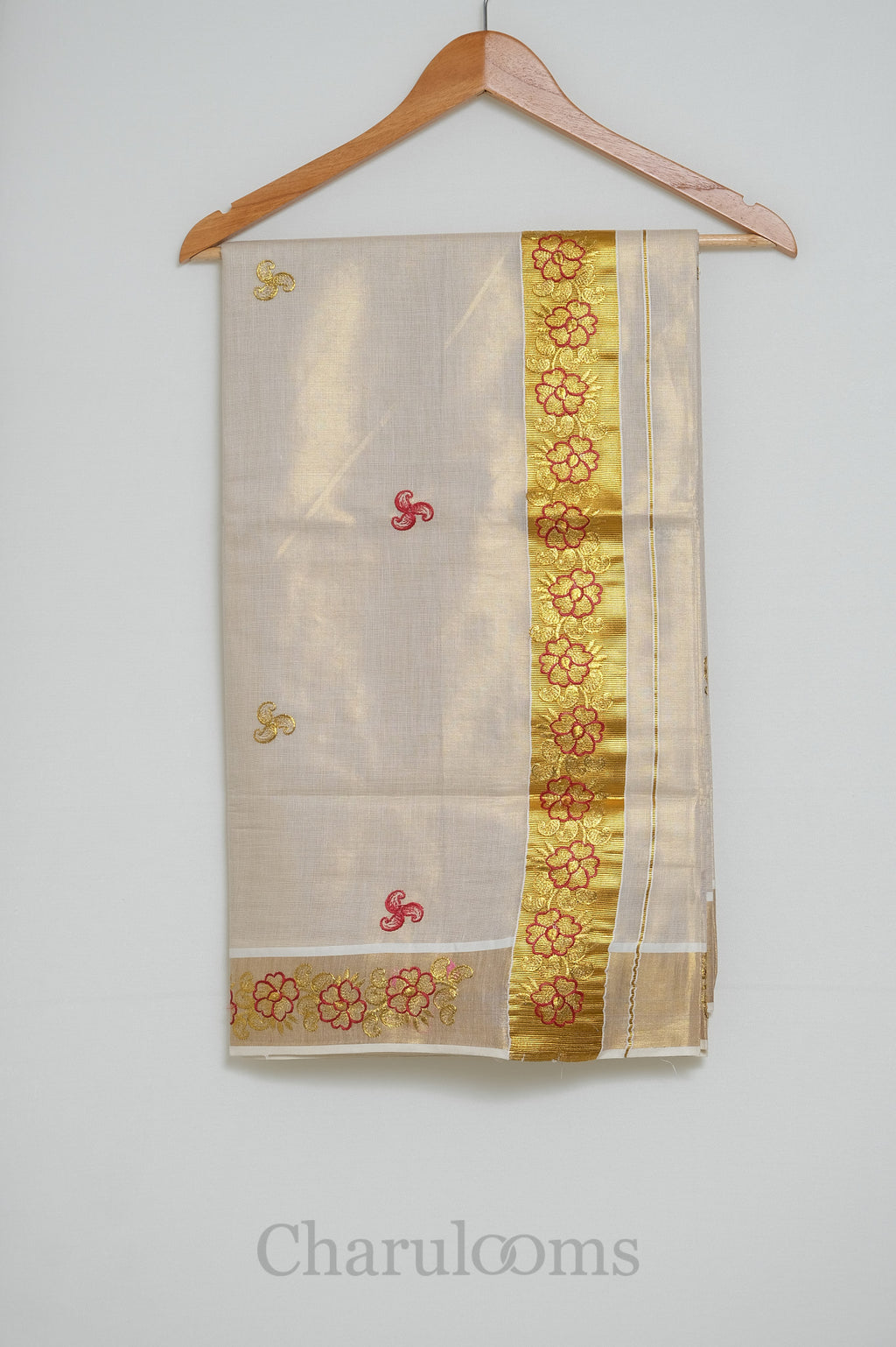 Ivory Tissue Cotton Saree with Red & Gold Floral Embroidery